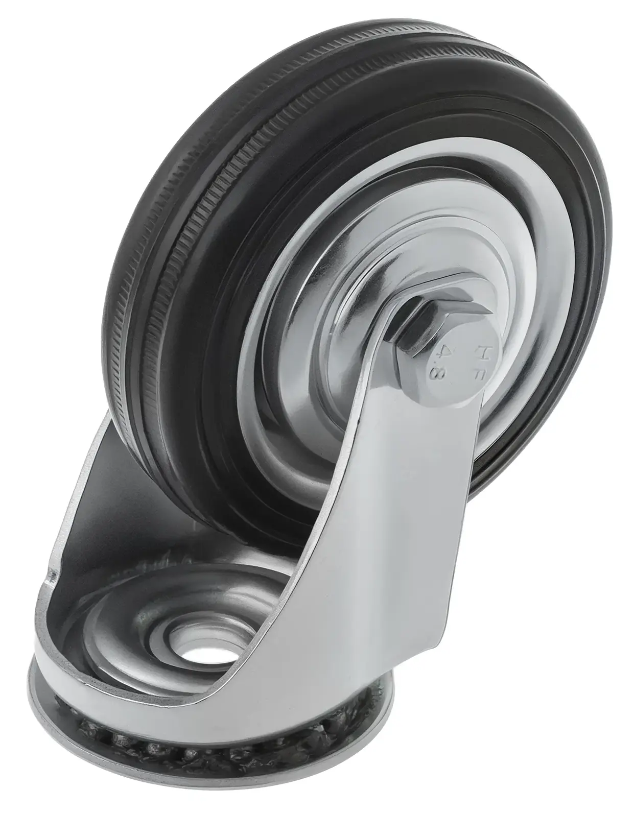 Промышленное колесо, диаметр 75мм, крепление под болт 10,5мм, поворотное, черная резина, роликовый подшипник - SCh 93